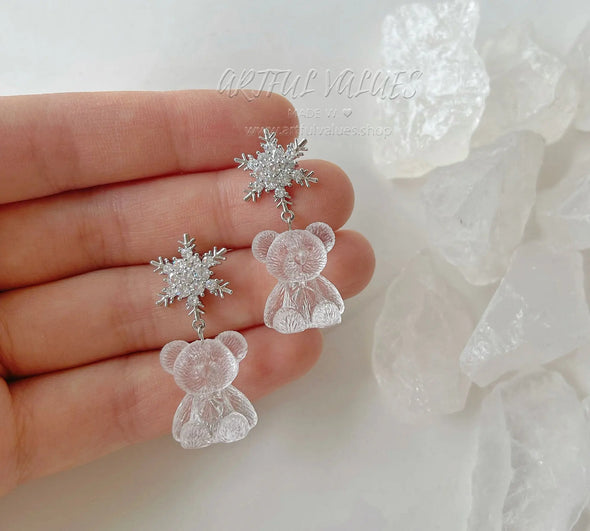 White Winter Teddy Bear Earrings
