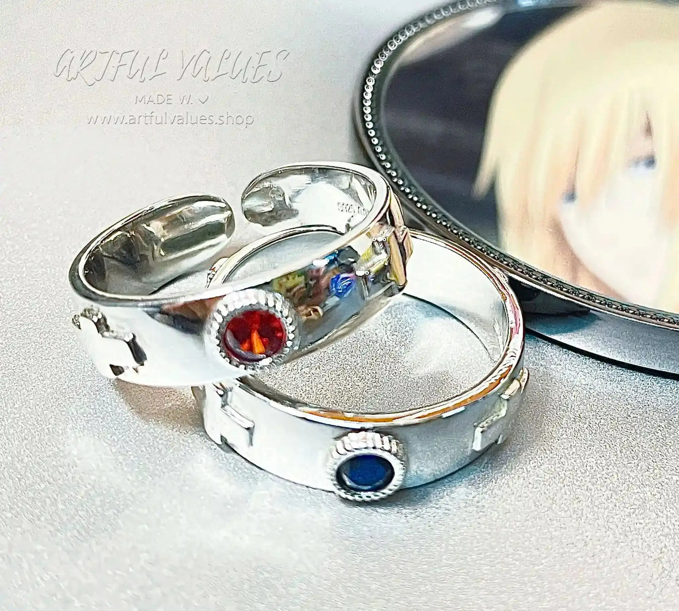 Howl and Sophie Ring Set in Sterling Silver With Genuine Faceted Gemstones, Howls  Moving Castle Ring Set, Howls Moving Castle Ring 